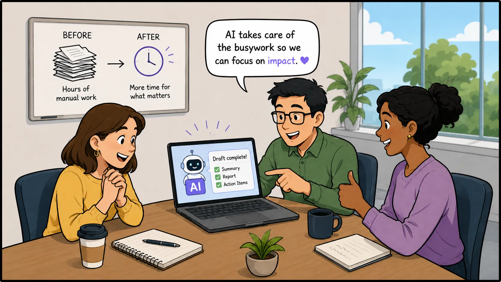 Illustration of a team using AI to turn manual busywork into completed summaries, reports, and action items.